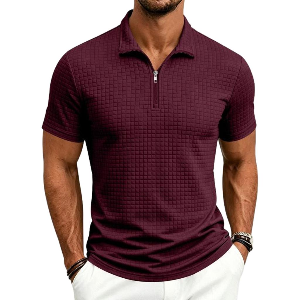 Men's Plaid Half-Zip Short Sleeve Shirt with Fabric for Summer Business Casual Wear