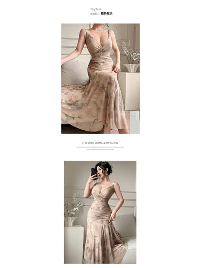 Elegant European and American Style Chiffon Dress - Sexy Deep V Backless, Long Versatile Printed Suspender Dress for Women