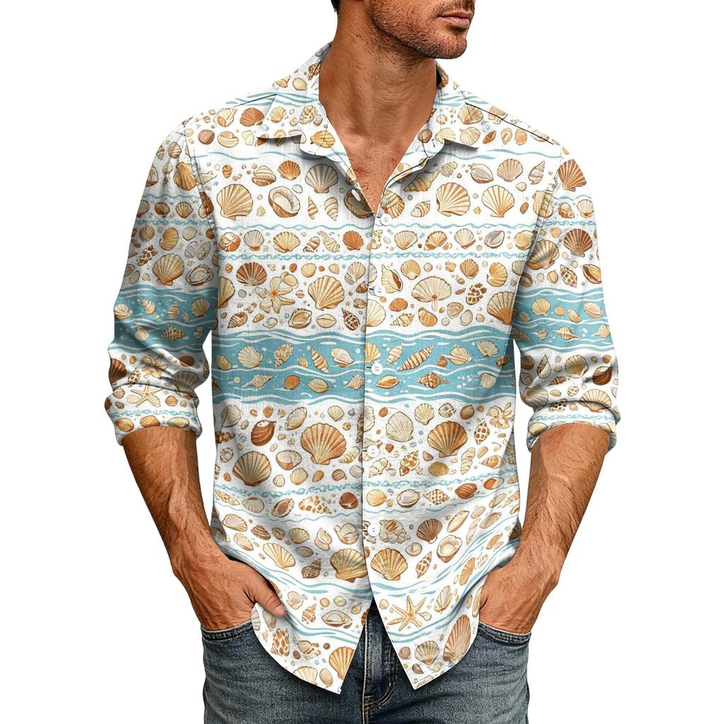 Men's Loose Fit Long Sleeve Shirt Hawaiian Style Casual Button Down Shirt with Spread Collar Suitable for Spring and Autumn