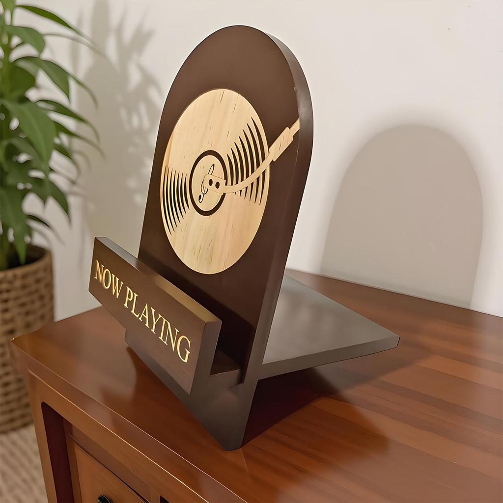 Wooden Record Stand Rotating Vinyl Record Storage Rack Vintage Decorative Album Display Holder With "Now Playing" Logo