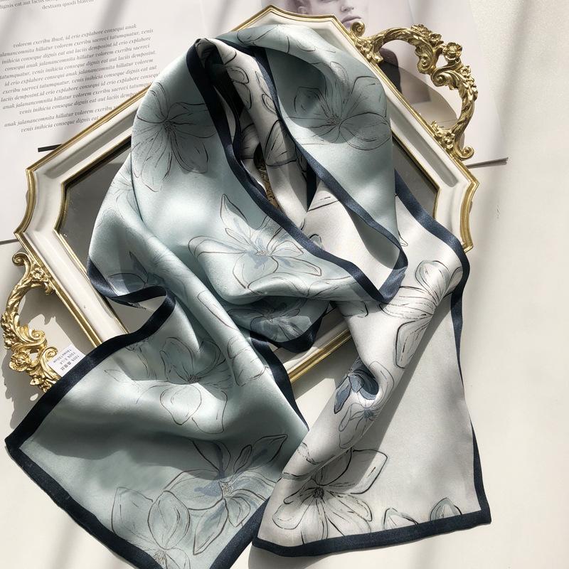 

Gentle Lake Blue Double-Layer Silk Scarf Mulberry Silk Scarf Women S Versatile Thin Narrow Long Multi-Functional Decorative Scarf Streamer 15-145
