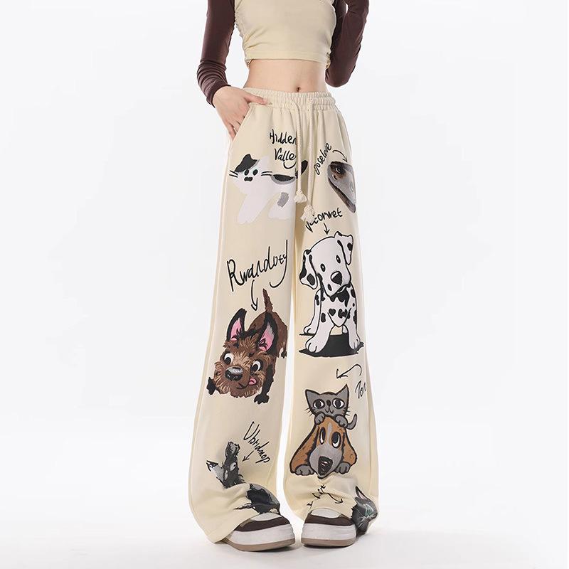 Casual Chic Design Pattern Baggy Straight Pants Women High Waist Lace Up Pantalones Korean Fashion Spring Fall Loose Spodnie