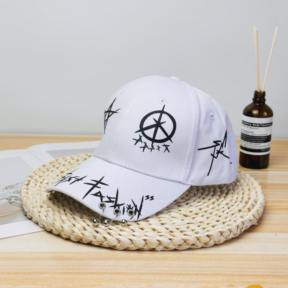 Unisex Black White Graffiti Baseball Cap Hip-Hop Peaked Hat with Iron Ring Streetwear Access