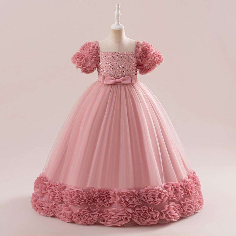 Girl Princess Dress Sequined Formal Gown Pageant Host Performance Fall Winter
