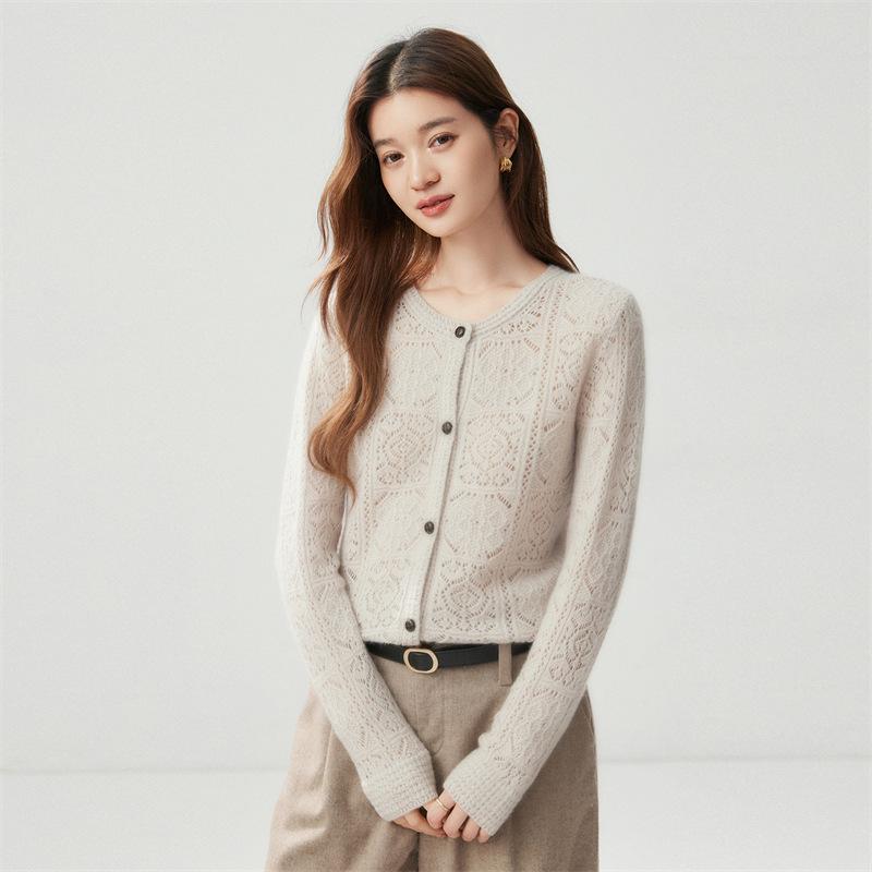 Round Neck Hollow Cashmere Cardigan - 2026 Autumn Women's Elegant Single-Breasted Versatile Warm Outerwear