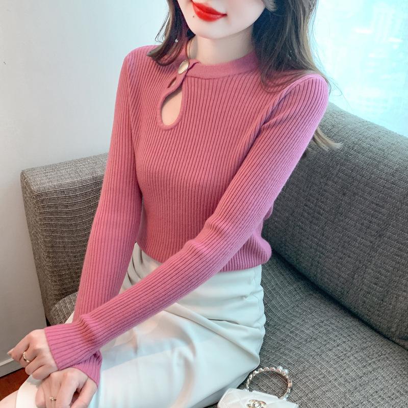 

Весенне-осенняя женская трикотажная нижняя рубашка, дизайн ниши, полый свитер с круглым вырезом, тонкая нижняя рубашка, топы с длинными рукавами One Size розовый