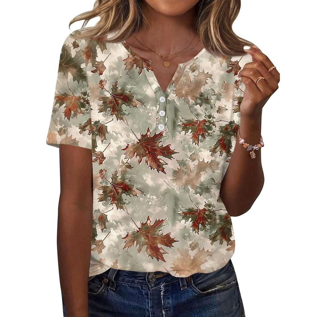 Women's T Shirt Print Button Short Sleeve Daily Weekend Fashion Basic V- Neck Regular Top