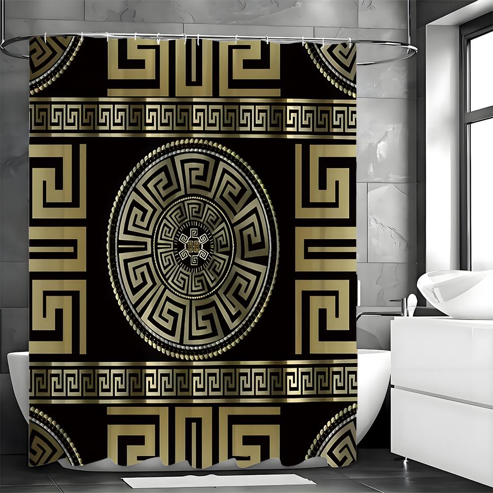 Vintage Black and Gold Greek Return Meander Shower Curtain, Bathroom Decorative Shower Curtain, Waterproof Shower Curtain with H