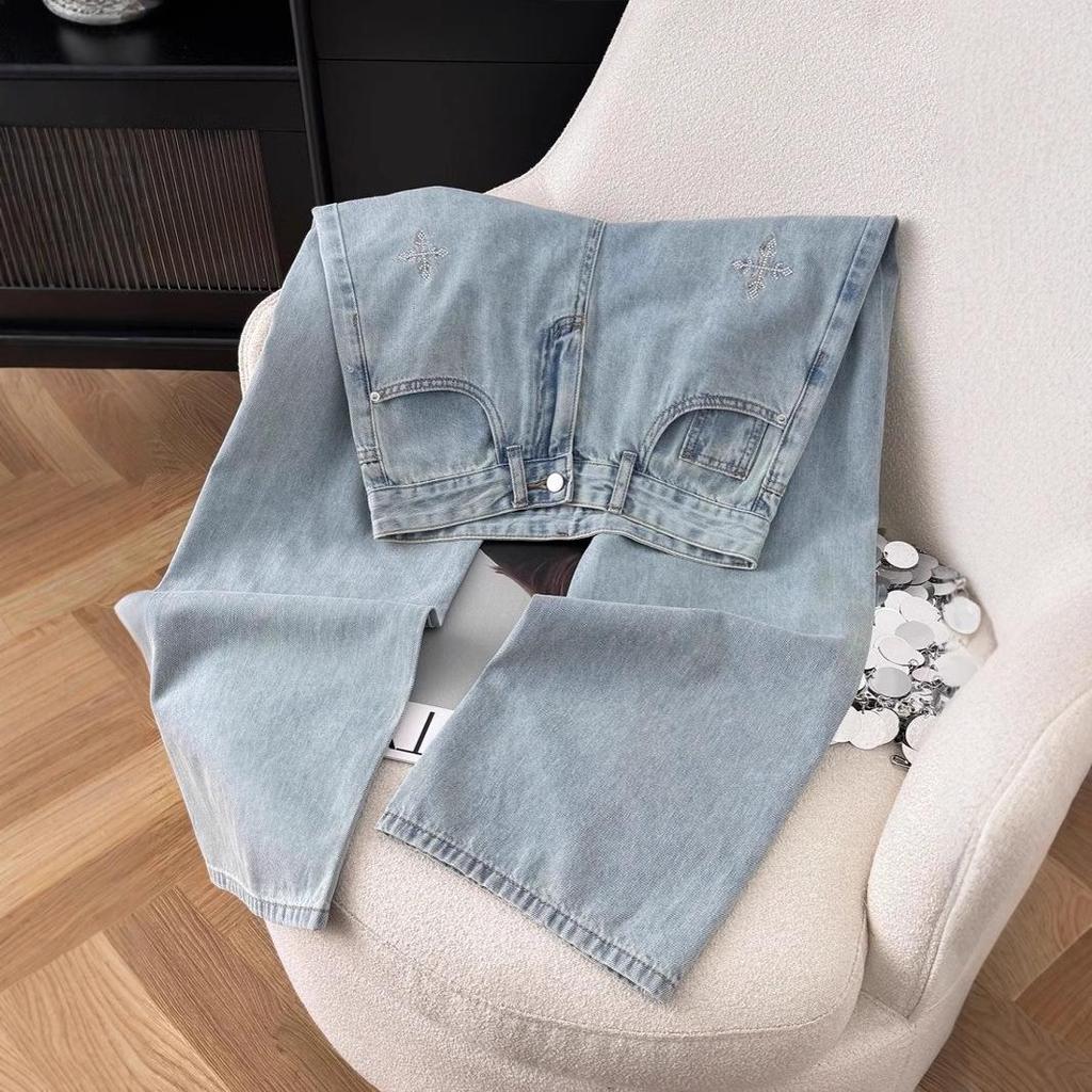 2025 Autumn High-End High Waist Slimming Denim Jeans – Women's Fashion Narrow Straight Leg Pants with Hot Drill Details