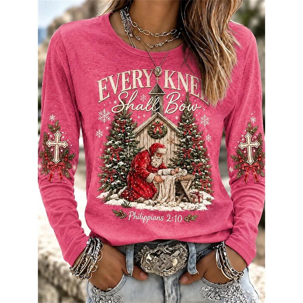 Women’s Autumn Long-Sleeve Christmas T-Shirt Crew-Neck Pullover with Holiday Letter Print Loose Fit Casual Street-Style Top