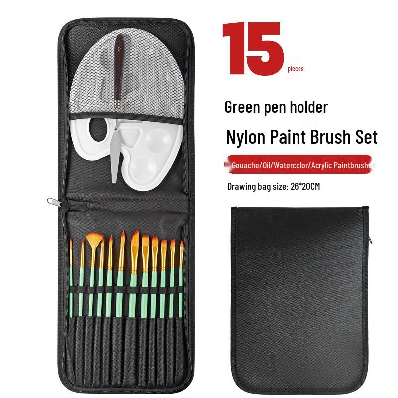 15-Piece Acrylic Paint Brush Set with Bag & Palette зелёный