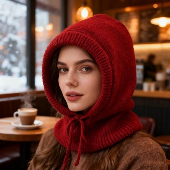 Knitting Hat Scarf Set Solid Color Adjustable Drawstring Scarf Hat Women Winter Warm Windproof Elastic Thermal Hat