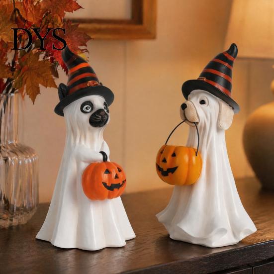 Accenti Decorativi per Halloween, Statuetta Cane Fantasma, Statua in Resina Zucca con Cappello da Mago, Carino Decorazione da Tavolo, Bomboniere per Ingresso, Bar, Finestra, Festa, Adorabile
