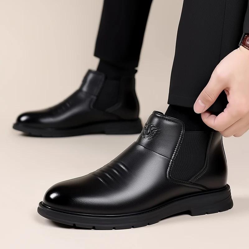 WAERTA 2024 Winter Fashion Leather Men Chelsea Boots Brand Designer Italy Dress Boots Men Casual Warm Plush Business Ankle Boots