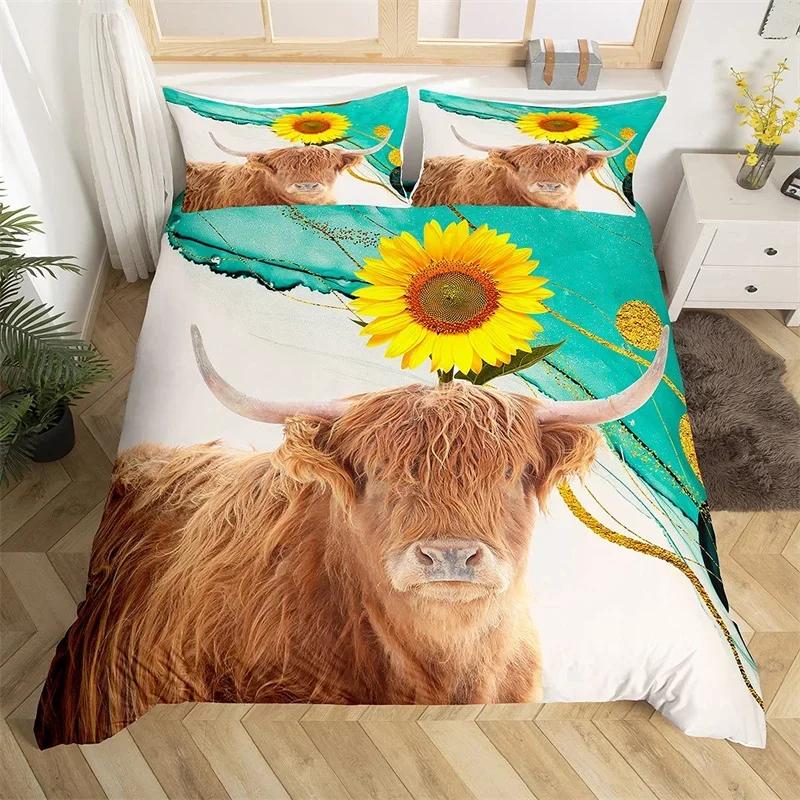 Hochlandrind Bettbezug Bulle Sonnenblume Kuh Bettwäscheset Queen Für Jungen Männer Mikrofaser Wildtiere Bauernhaus Tier Bettdeckenbezug