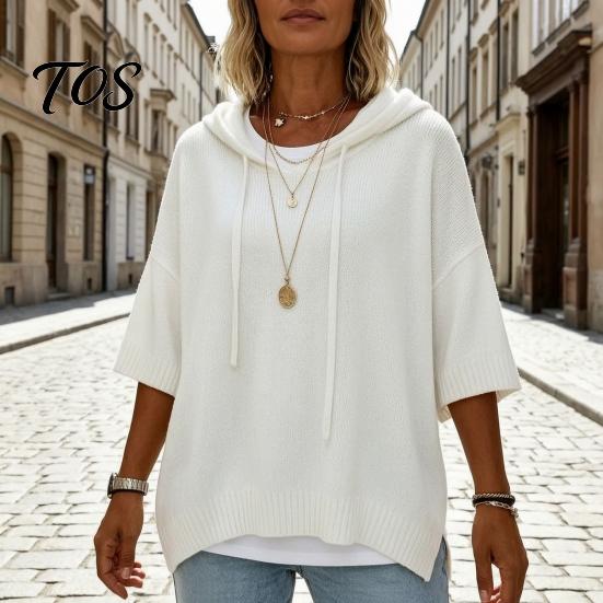 Long Sleeve Tops Autumn Women Knit Pullover Sweater, Loose Fit Drawstring Hooded Oversized Sweaters 3/4 Drop Shoulder Solid Color Casual Sweater Soft