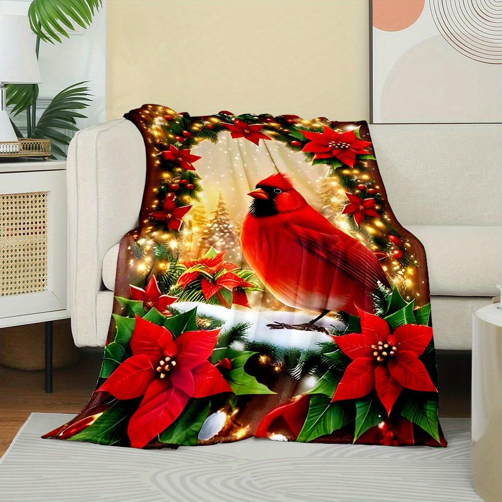 Gift Delight, Contemporary Reversible Flannel Throw Blanket, Cartoon Christmas Tree & Red Bird Print, All-Season Cozy Polyester