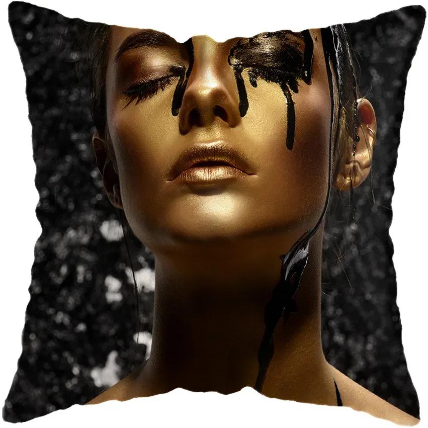 Modern Living Room Black Gold African Lady Woman Style Look Art Deco Sofa Pillowcase Cushion Cover