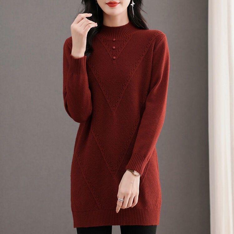 Half Turtleneck Sweater Dress for Women Solid Color Long-sleeved Mid-length Knitted Sweater Autumn and Winter Casual Loose Pullover