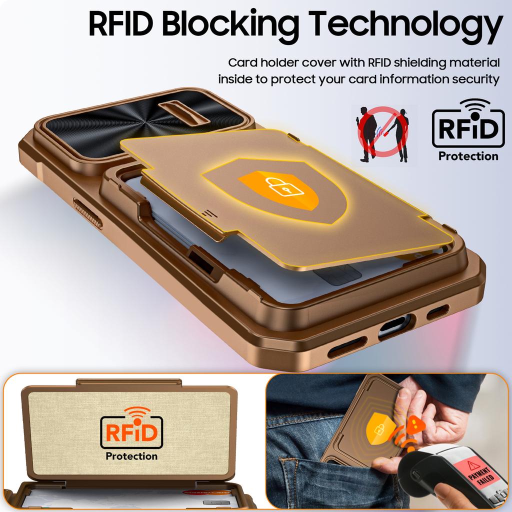 Protective Wallet Case with RFID Card Holder, Kickstand and Camera Cover for iPhone 14 Pro-Gold