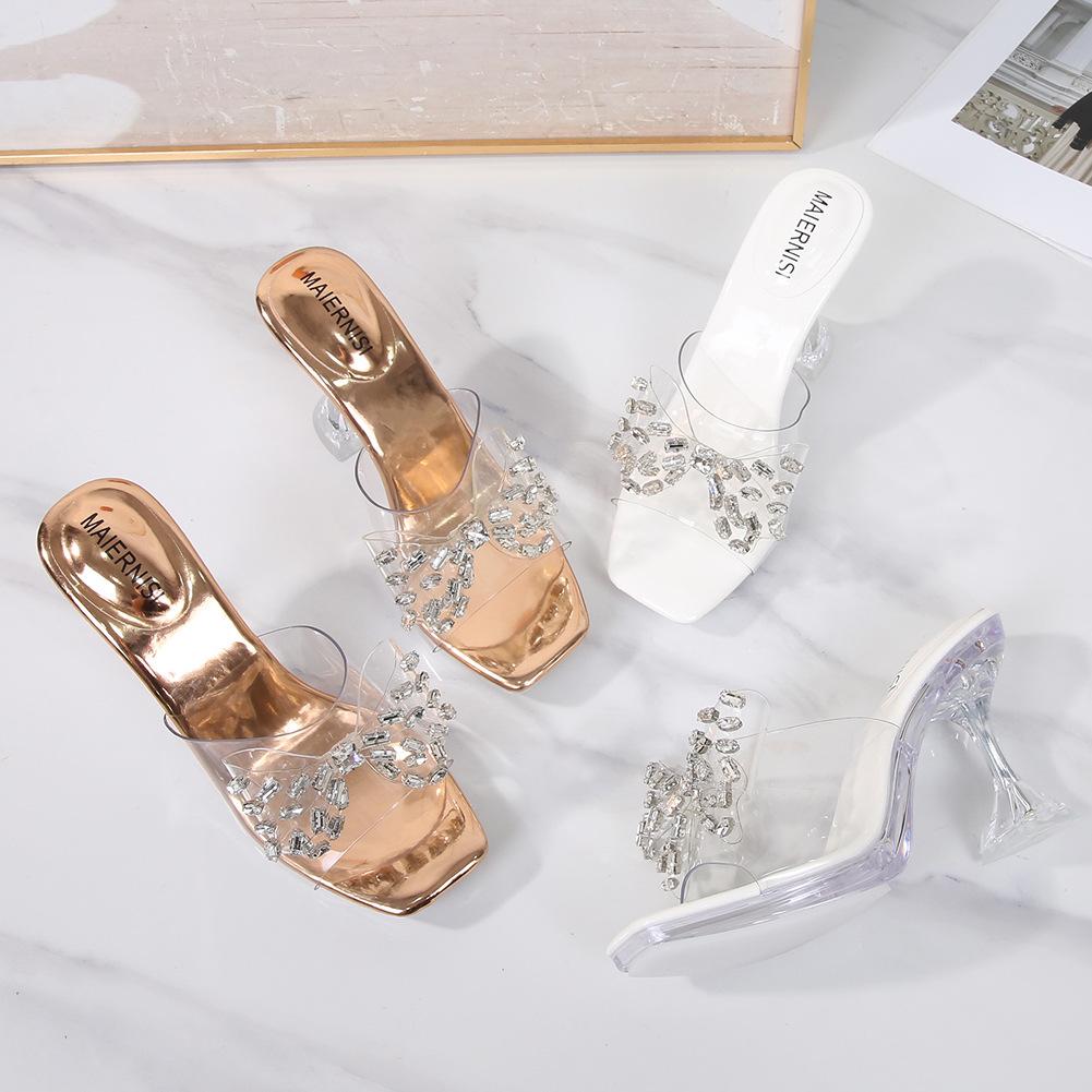 Kryształowa kokarda przezroczyste fajne kapcie lato nowe kwadratowy nosek temperament wróżki kryształowe sandały kieliszek do wina i wysokie obcasy