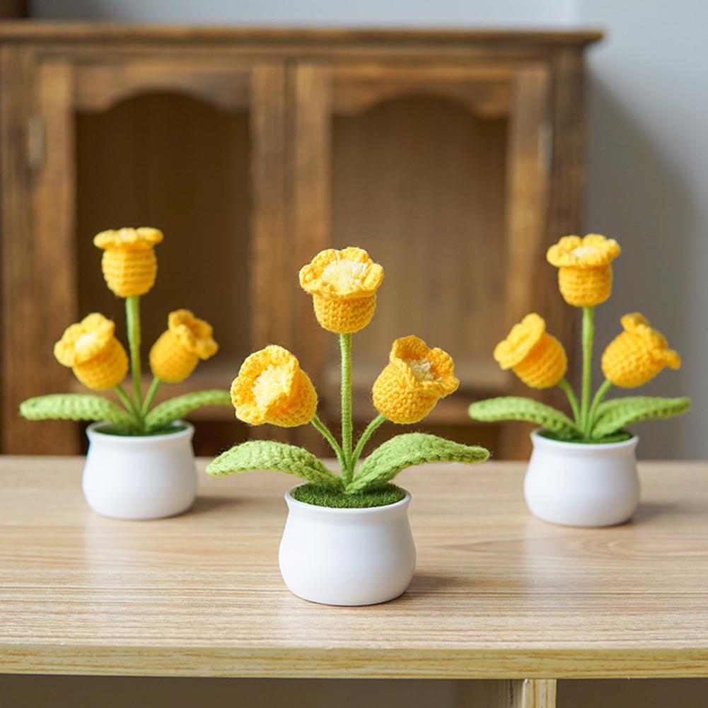 Handmade Crochet Flowers Potted Finished Woven Bouquet Artificial Knitted Flower Lily Table Home Decor