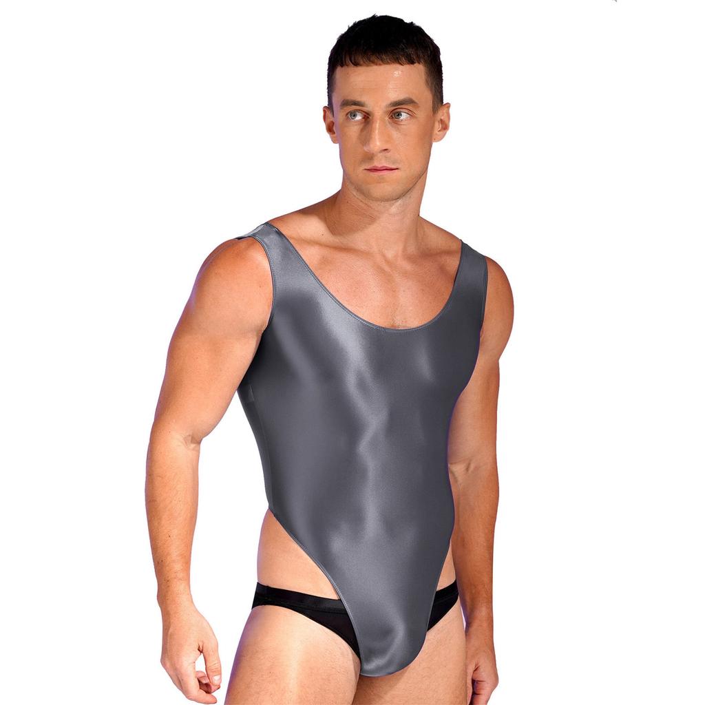 Pánské lesklé body trikot s vysokým střihem bez rukávů jednodílné plavky pro sportovní fitness plavání