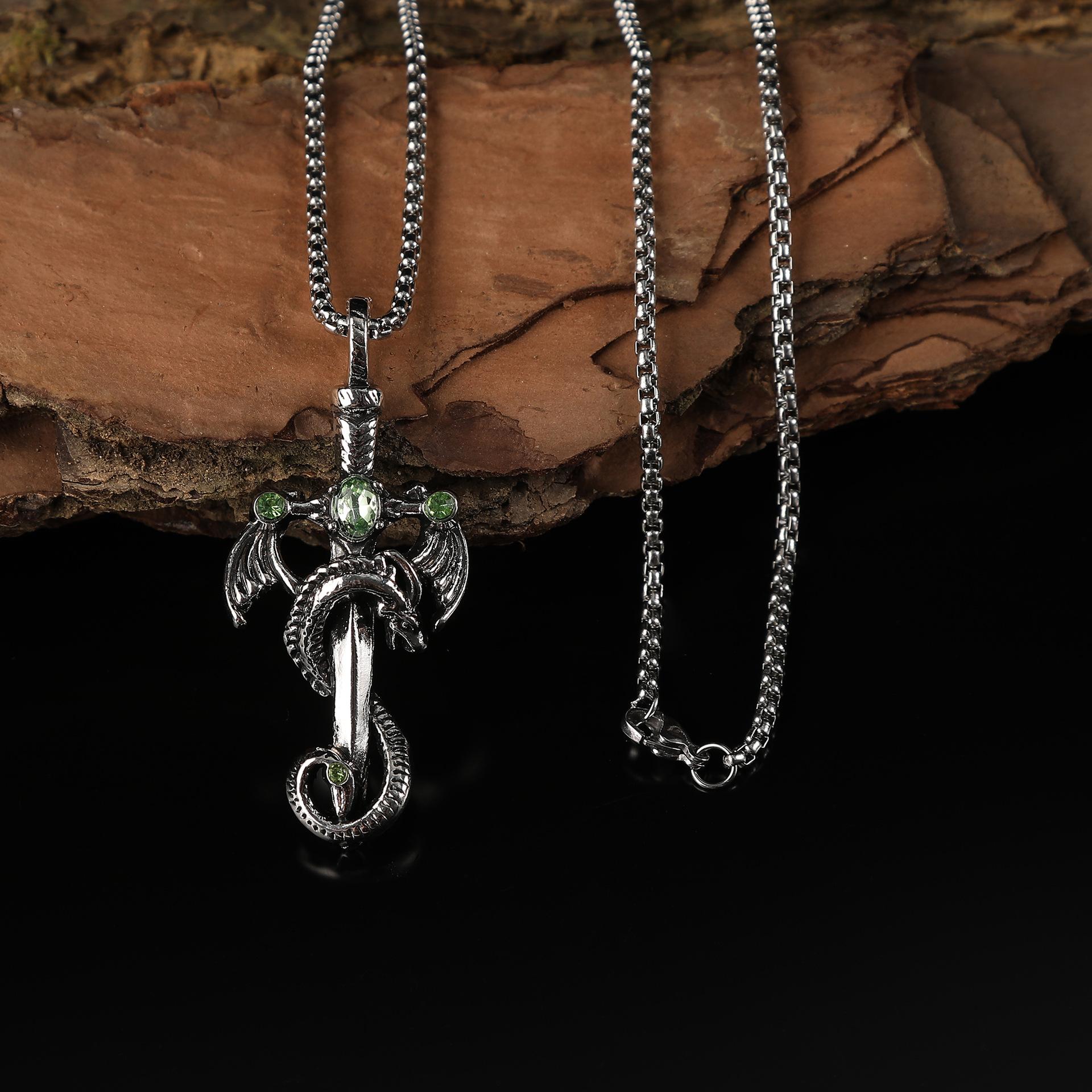 

Gothic Men Multicolor Gemstone Dragon Sword Necklace Punk Jewelry Stainless Steel Retro