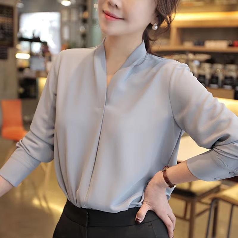 Korean Solid Color V-neck Long Sleeve Lady Chiffon Shirt Spring Autumn Elegant Simple Loose Fit Women's Commuting Shirt New