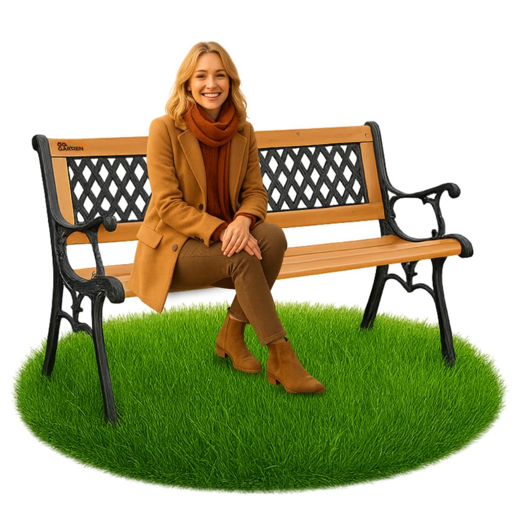 Wooden garden bench, metal park bench, cemetery bench with backrest, large