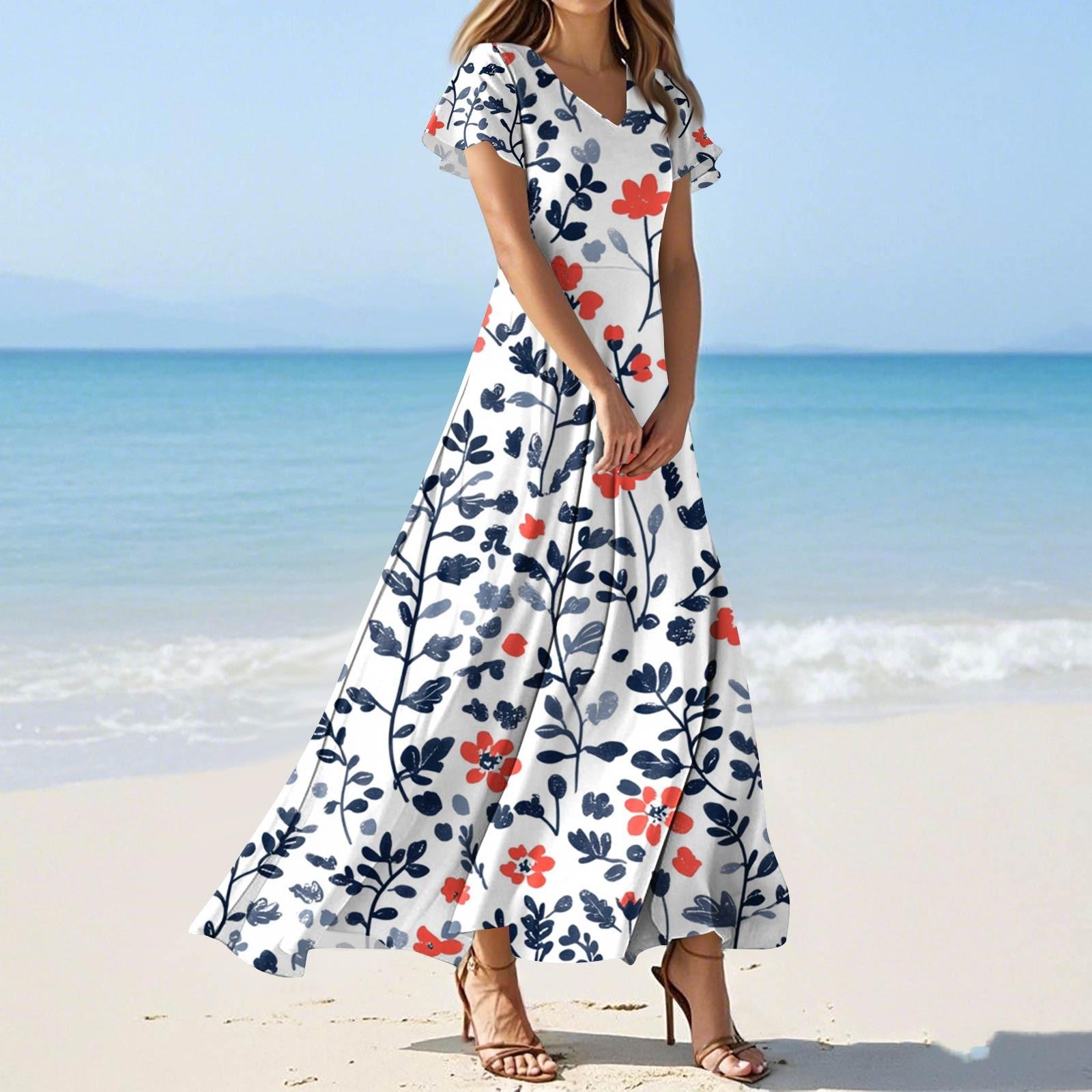 

Жіночі літні повсякденні модні кольорові сукні з V-подібним вирізом і короткими рукавами L синій