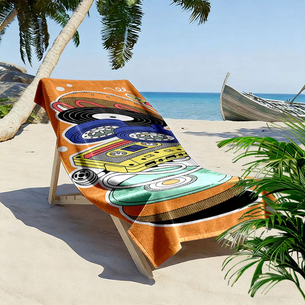 Retro Cassette and Vinyl Design Beach Towel Quick-drying for Travel Outdoor Sports Jogging Beach and Swimming