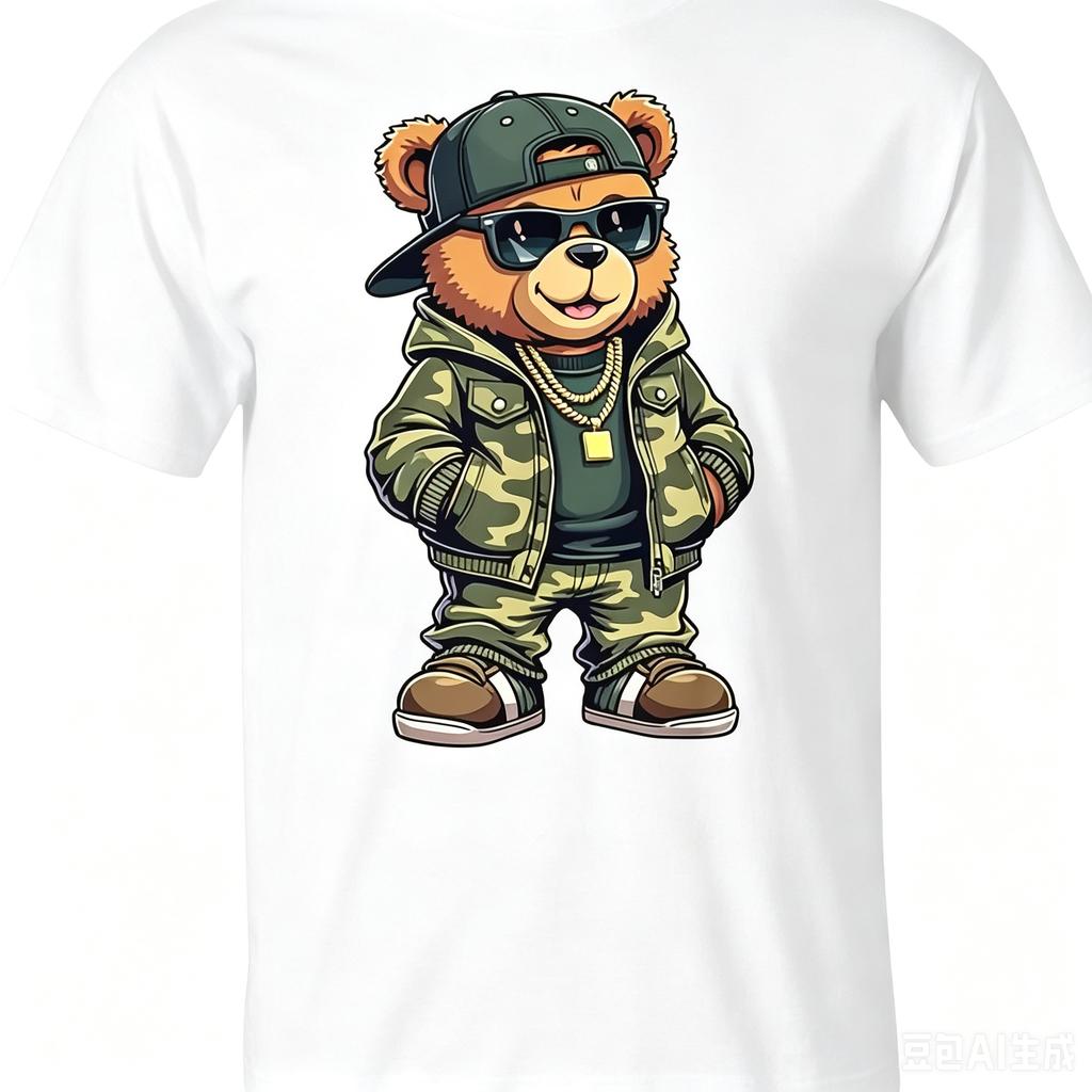 Hip Hop Camo Teddy Bear With Sunglasses And Gold Chain Streetwear Graphic Tshirt Black Cotton Crew Neck Urban Swag Tee