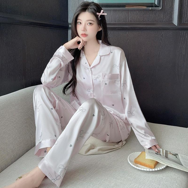 Spring, Autumn And Summer Ice Silk Pajamas Women'S Light Luxury Pure Wind Bow Long Sleeve Loose Loungewear Fashion Suit