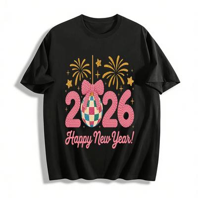 2026 New Year Knit-style Number Firework Print Casual Top Pure Cotton T-shirt