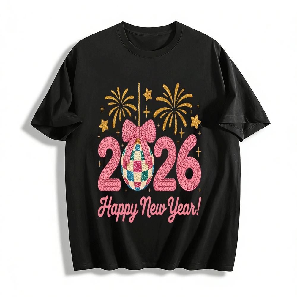 2026 New Year Knit-style Number Firework Print Casual Top Pure cotton T-shirt XXS