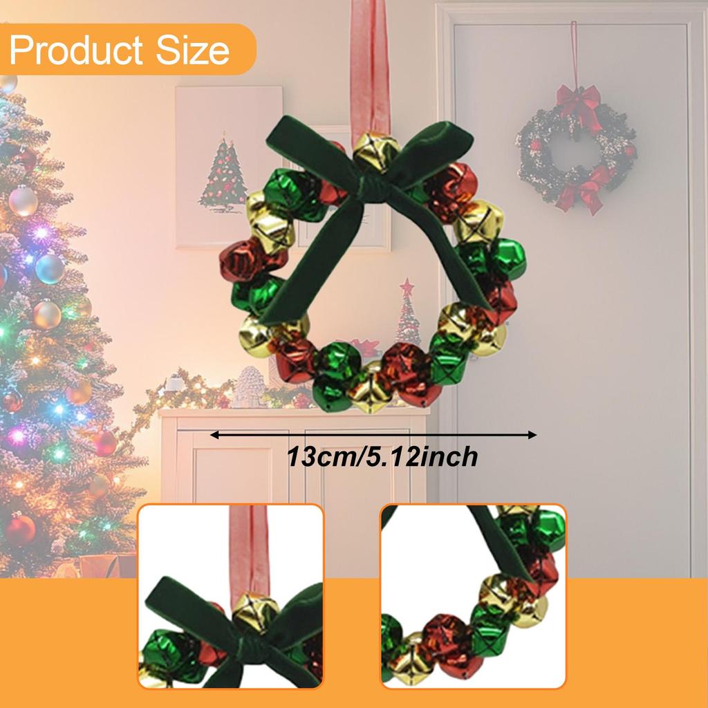 Holiday Scene Christmas Wreath Metal Artificial Bells Bowknot Hanging Decoration for Window Front Door Kitchen Home Wall