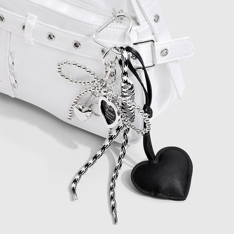 Korean Trendy Leather Heart Bow Keychain Delicate Beaded Keyring Car Key Holder Bag Pendant Decoration For Girls Gift