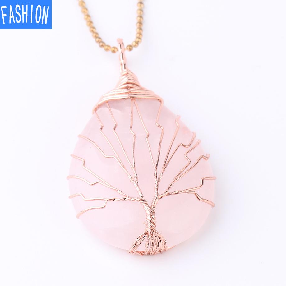 Große Roségold-Wassertropfen-Halskette mit gewundenem Anhänger, natürliche Kristall-Anhänger-Halskette, reiner handgefertigter Baum des Lebens