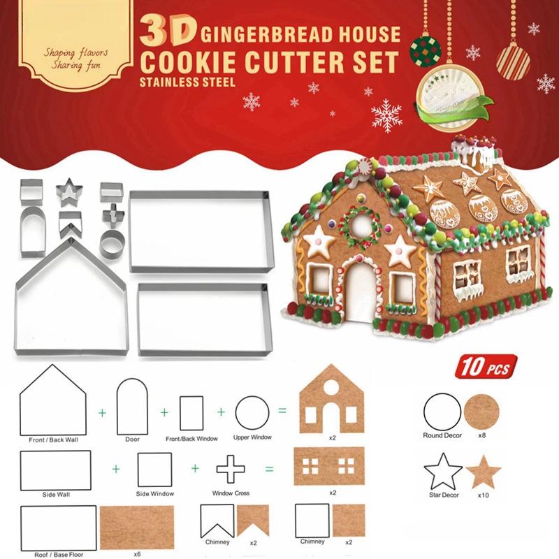 3D Christmas Gingerbread House Set Baking Mold Kitchen Stainless Steel Biscuit Mould Cookie Cutters Kids Diy Baking Pastry Tool