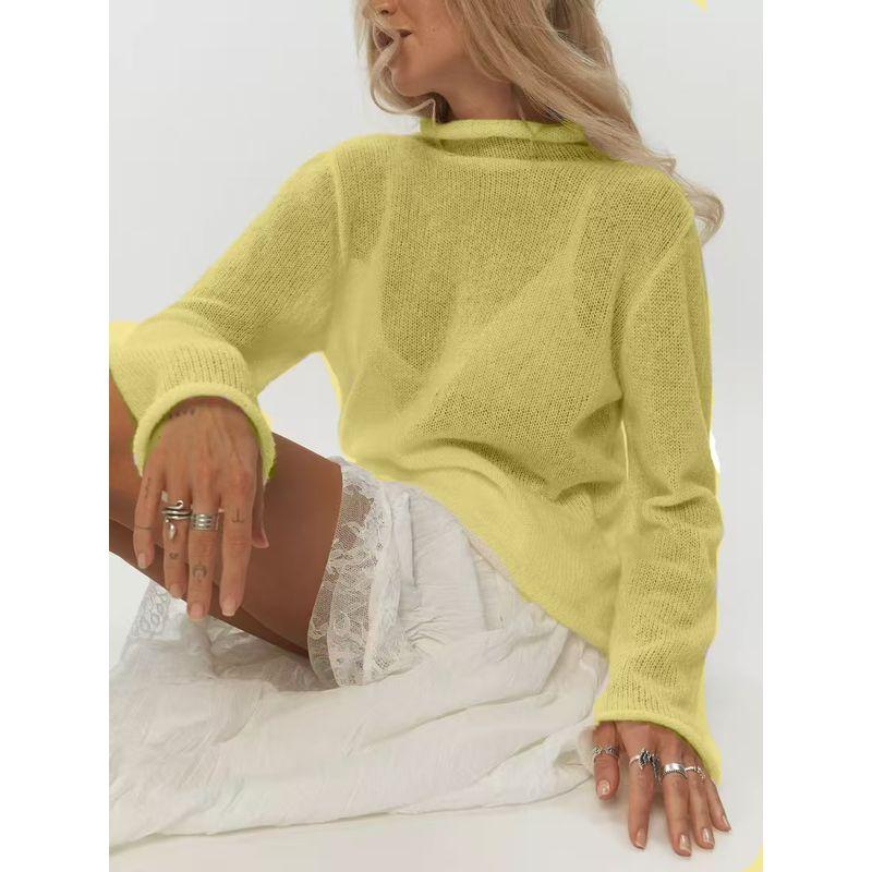 

Fashion Wind Fashion High Collar Long Sleeves Sexy See-through Knitwear Tops Knitted Top of High Neck Yellow M