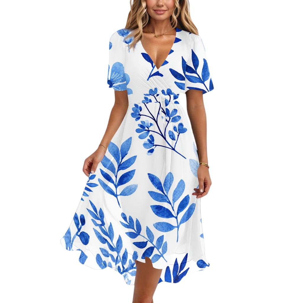 Damen Lässiges V-Ausschnitt Kurzarm Blumenprint Midi-Kleid Leichtes Sommerkleid mit A-Linien-Rock für den täglichen Gebrauch