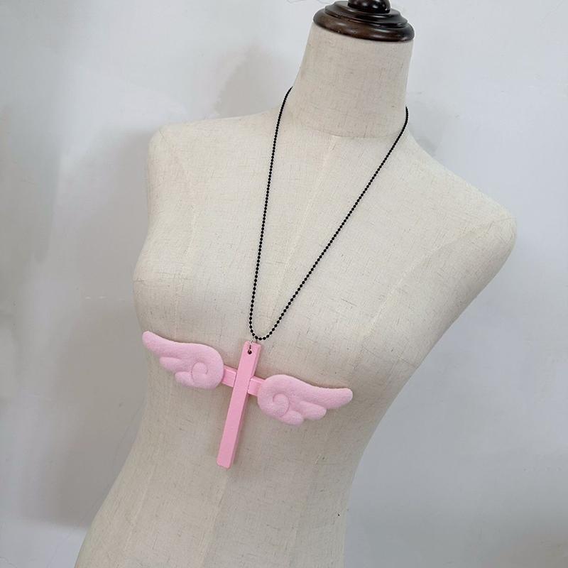 Cross Angel Wings Necklace Jesus Christ Pendant Choker Retro Jewelry Style Natural Wood Amulet