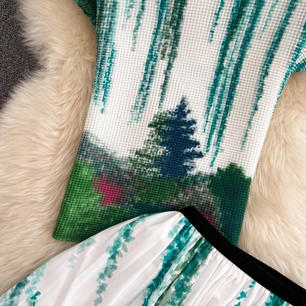 Women's Fashion Suit Gradient Color Slim Short Top Two Piece High Waist Pleated Skirt