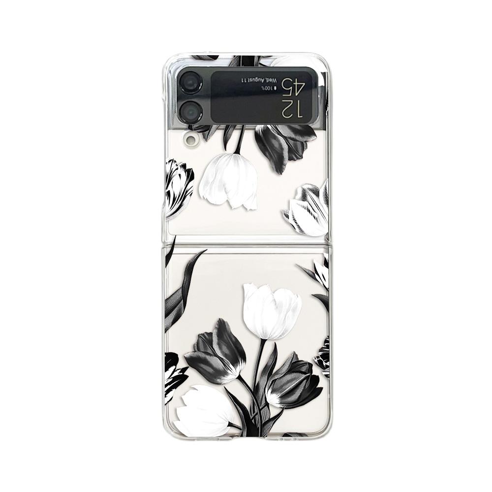 For Samsung Galaxy Z Flip 4 3 Case Tulip Flowers Painted Transparent Shockproof Pc Hard Back Cover For Samsung Zflip4 Flip3 Case