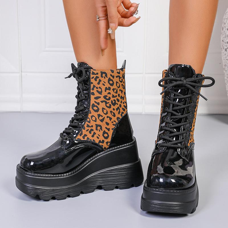 Fashion Leopard Print Wedge Ankle Boots for Women Plus Size Chunky Platform Gothic Punk Boots Woman Thick Bottom Non Slip Combat Booties