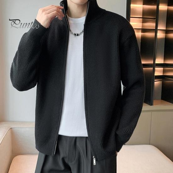 Men Sweater Coat Zipper Closure Knit Elastic Long Sleeves Stand Collar Outerwear Pure Color Casual Cardigan Daily Wear School Mid Length Jacket