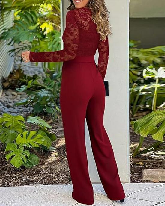 Women's Lace Patchwork Long Sleeve Jumpsuit with Belt and Wide-Leg Pants