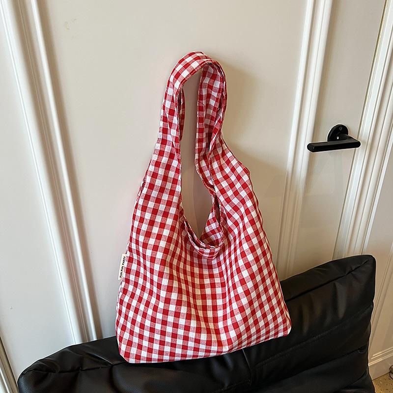 Women's Large Capacity Lightweight Foldable Tote Bag with Plaid Pattern -Suitable for Commuting, Travel, Camping Handbag