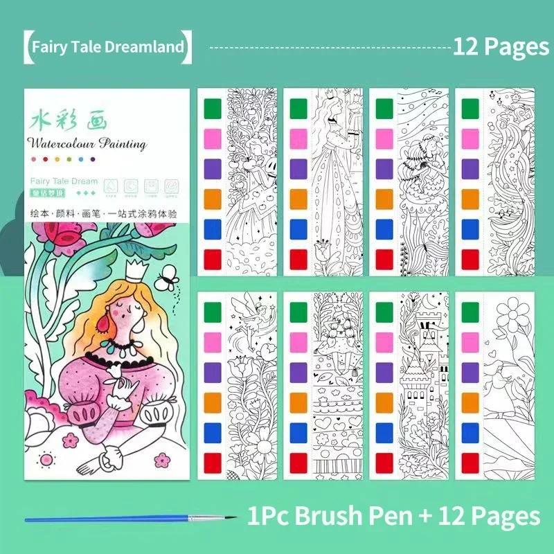 1PC Children's Watercolor Coloring Book Kids Adult Watercolour Coloring Paper With Water Paint Pens Girls Student Birthday Gift